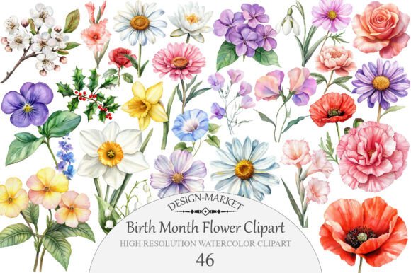 Download Watercolor Birth Month Flower Clipart - Month flower Collection